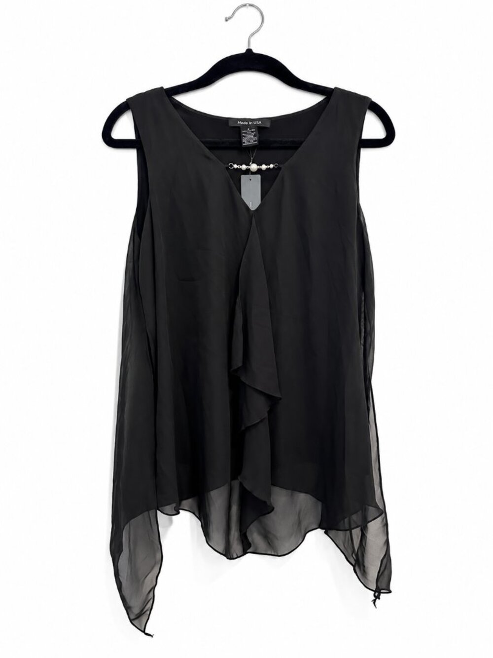 Adele & May Black Chiffon Pearl Embellished Asymmetrical Top NWT
